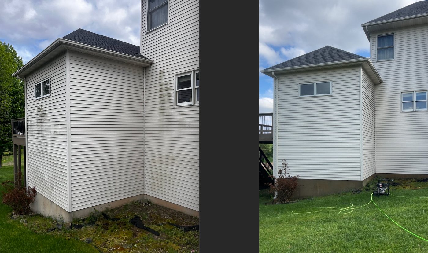 Side-by-side before and after of exterior house siding cleaned by Gerry's Window Services